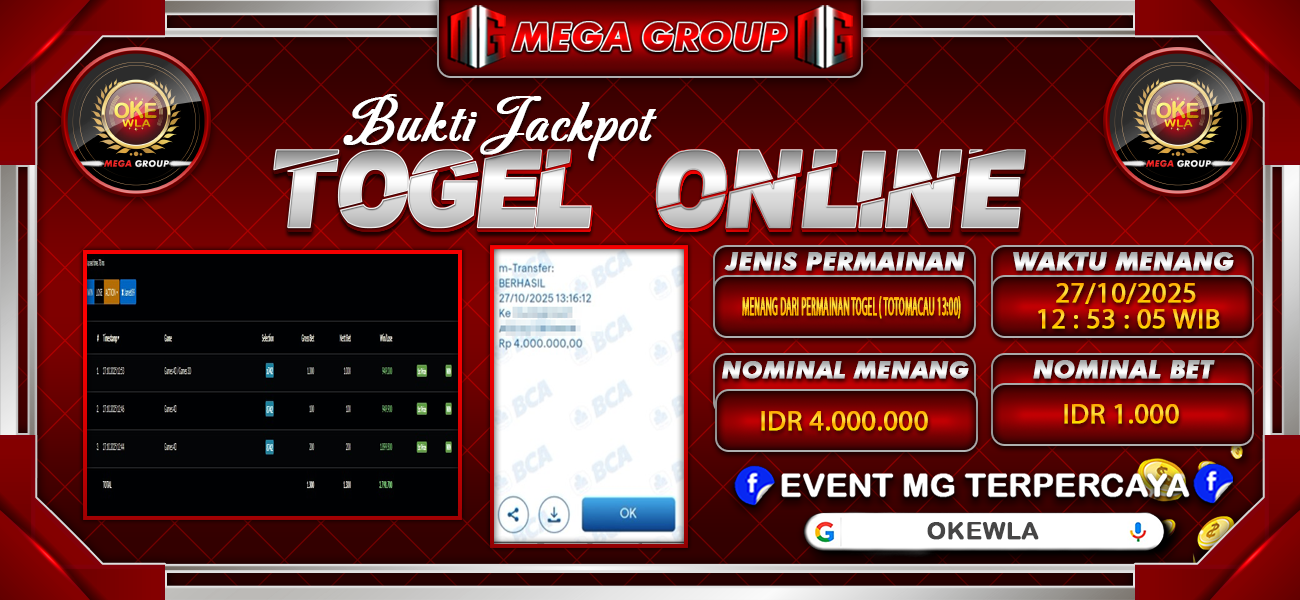 Bukti JP situs Okewla hari Senin, 27 Oktober 2025