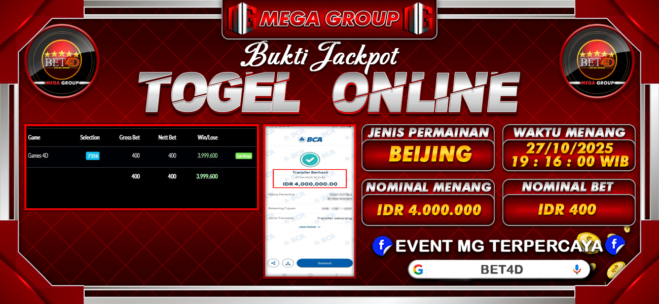 Bukti JP situs Bet4D hari Senin, 27 Oktober 2025