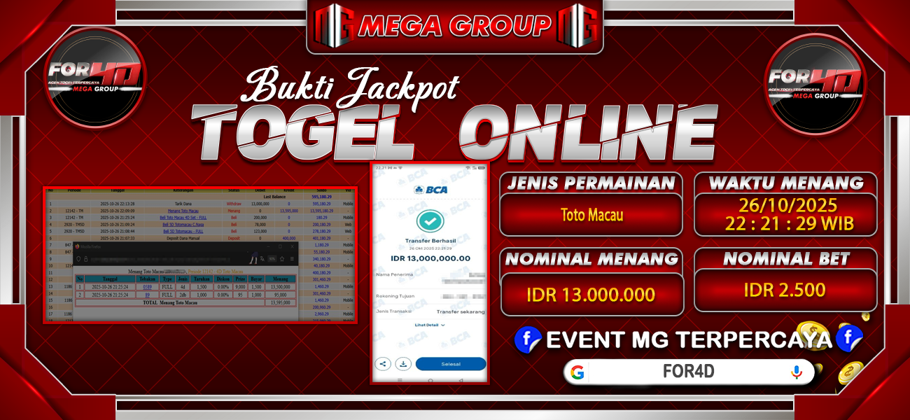 Bukti JP situs For4D hari Minggu, 26 Oktober 2025