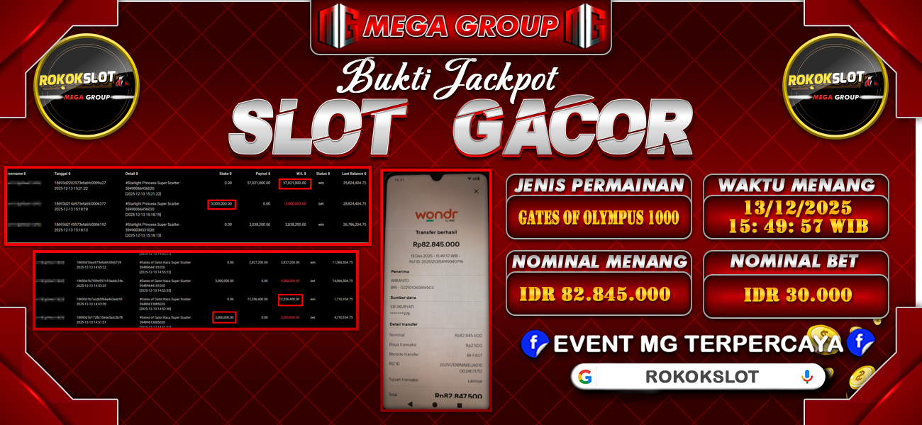 Bukti JP situs Rokokslot hari Sabtu, 13 Desember 2025