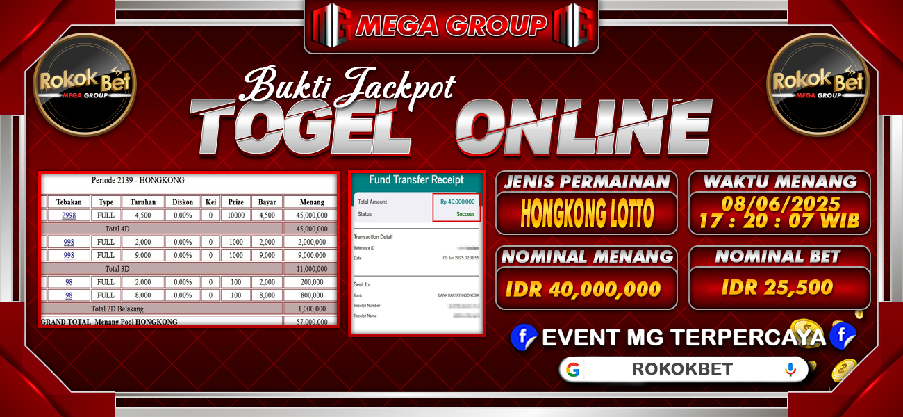 Bukti JP situs Rokokbet hari Senin, 09 Juni 2025
