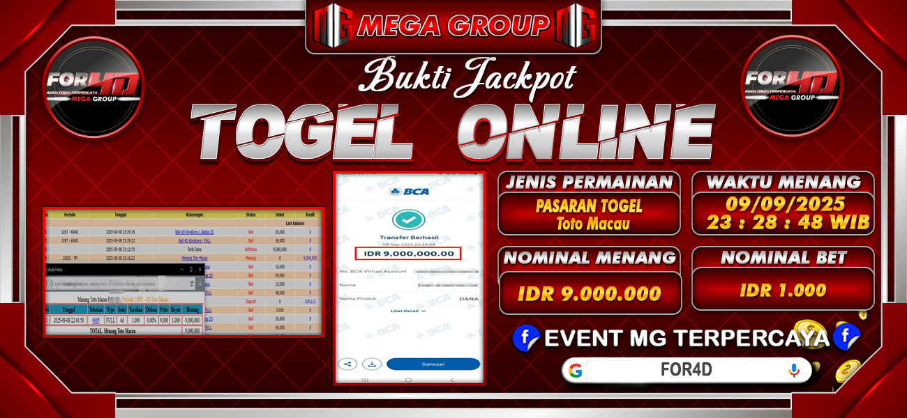 Bukti JP situs For4D hari Selasa, 09 September 2025