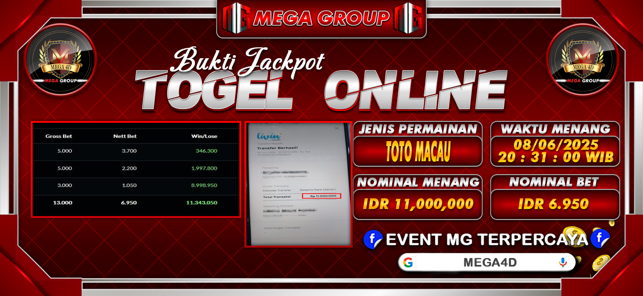 Bukti JP situs Mega4D hari Senin, 09 Juni 2025