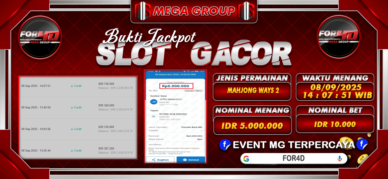 Bukti JP situs For4D hari Senin, 08 September 2025