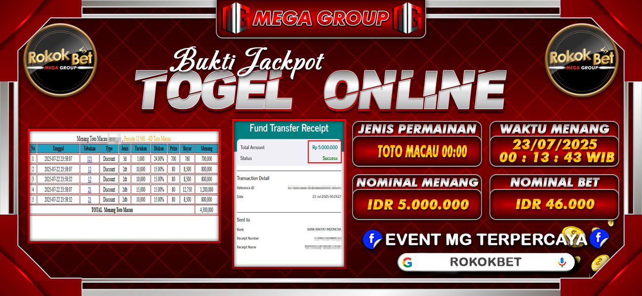 Bukti JP situs Rokokbet hari Rabu, 23 Juli 2025